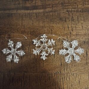 Crate & Barrel Glass Flat Snowflake Ornaments Set of 3 Clear Christmas